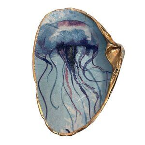 Oyster Shell Jellyfish Design Trinket Ring Soap Dish 5 x 3" Gold Edge Blue